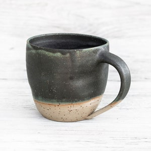 10oz/300ml handmade ceramic mug, big cup. Asymmetrical dark forest green artisan drinkware. Wheel thrown pottery. Unique handcrafted vessel image 1