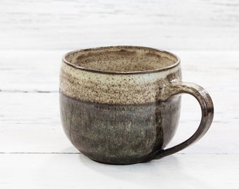 Handmade pottery ceramic coffee cup. Modern farmhouse hand thrown organic drinkware. Mid century vibes, natural irregular, forest tone mug