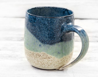 10oz/300ml ceramic mug handmade. Modern farmhouse, wheel thrown pottery cup for coffee lovers. Blue and beige handcrafted artisan tableware