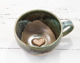 Big handmade pottery stoneware cup with heart. Modern wheel thrown, made with love, artisan handcrafted, nature, forest vibes.