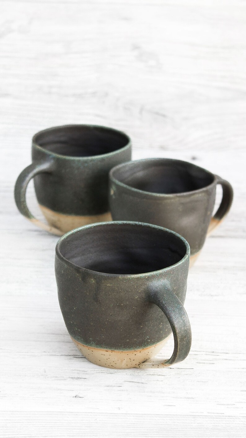 10oz/300ml handmade ceramic mug, big cup. Asymmetrical dark forest green artisan drinkware. Wheel thrown pottery. Unique handcrafted vessel image 7