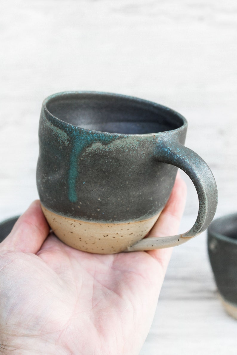 10oz/300ml handmade ceramic mug, big cup. Asymmetrical dark forest green artisan drinkware. Wheel thrown pottery. Unique handcrafted vessel 3