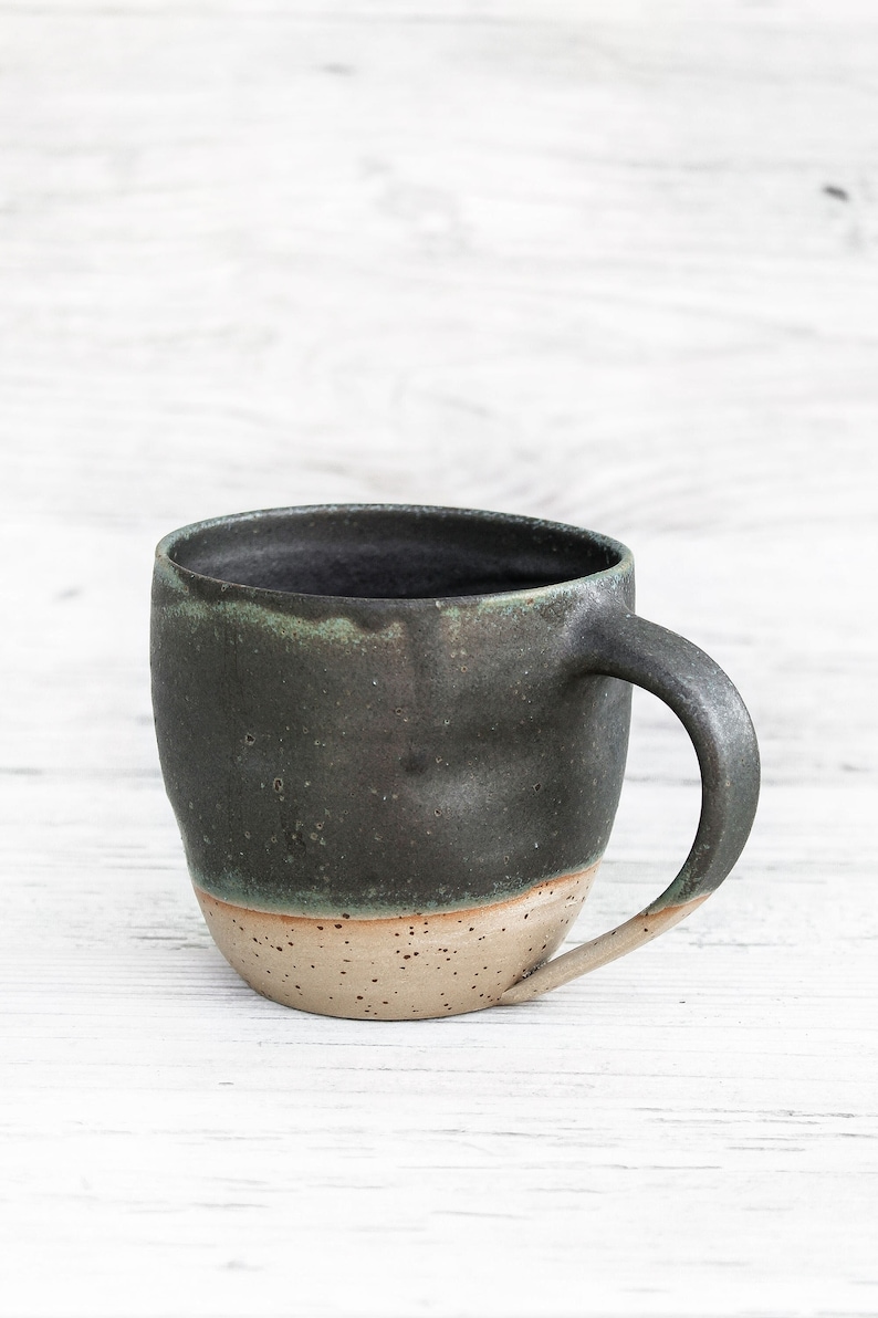 10oz/300ml handmade ceramic mug, big cup. Asymmetrical dark forest green artisan drinkware. Wheel thrown pottery. Unique handcrafted vessel image 1