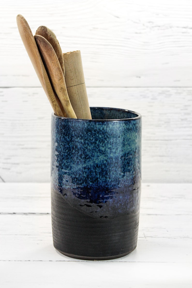 Large ceramic utensil holder handmade pottery crock. Spoon, brush organizer. Artisan handcrafted flower vase. Minimalist farmhouse decor image 2