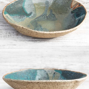 Modern farmhouse, antique look, green turquoise, large centerpiece fruit bowl. Handmade artisan stoneware ceramics