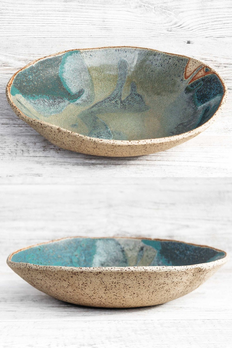 Modern farmhouse, antique look, green turquoise, large centerpiece fruit bowl. Handmade artisan stoneware ceramics