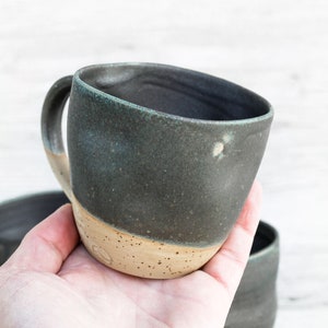 10oz/300ml handmade ceramic mug, big cup. Asymmetrical dark forest green artisan drinkware. Wheel thrown pottery. Unique handcrafted vessel 4