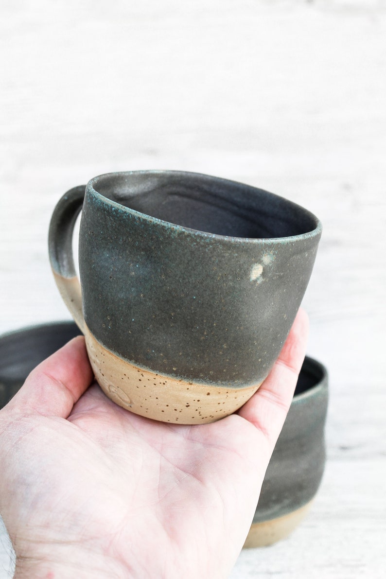 10oz/300ml handmade ceramic mug, big cup. Asymmetrical dark forest green artisan drinkware. Wheel thrown pottery. Unique handcrafted vessel 4