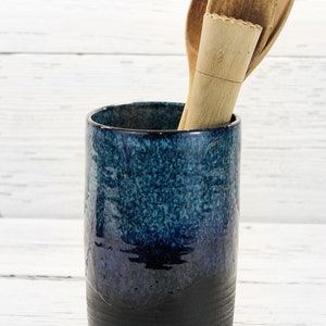 Large ceramic utensil holder handmade pottery crock. Spoon, brush organizer. Artisan handcrafted flower vase. Minimalist farmhouse decor image 3