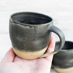 10oz/300ml handmade ceramic mug, big cup. Asymmetrical dark forest green artisan drinkware. Wheel thrown pottery. Unique handcrafted vessel 1