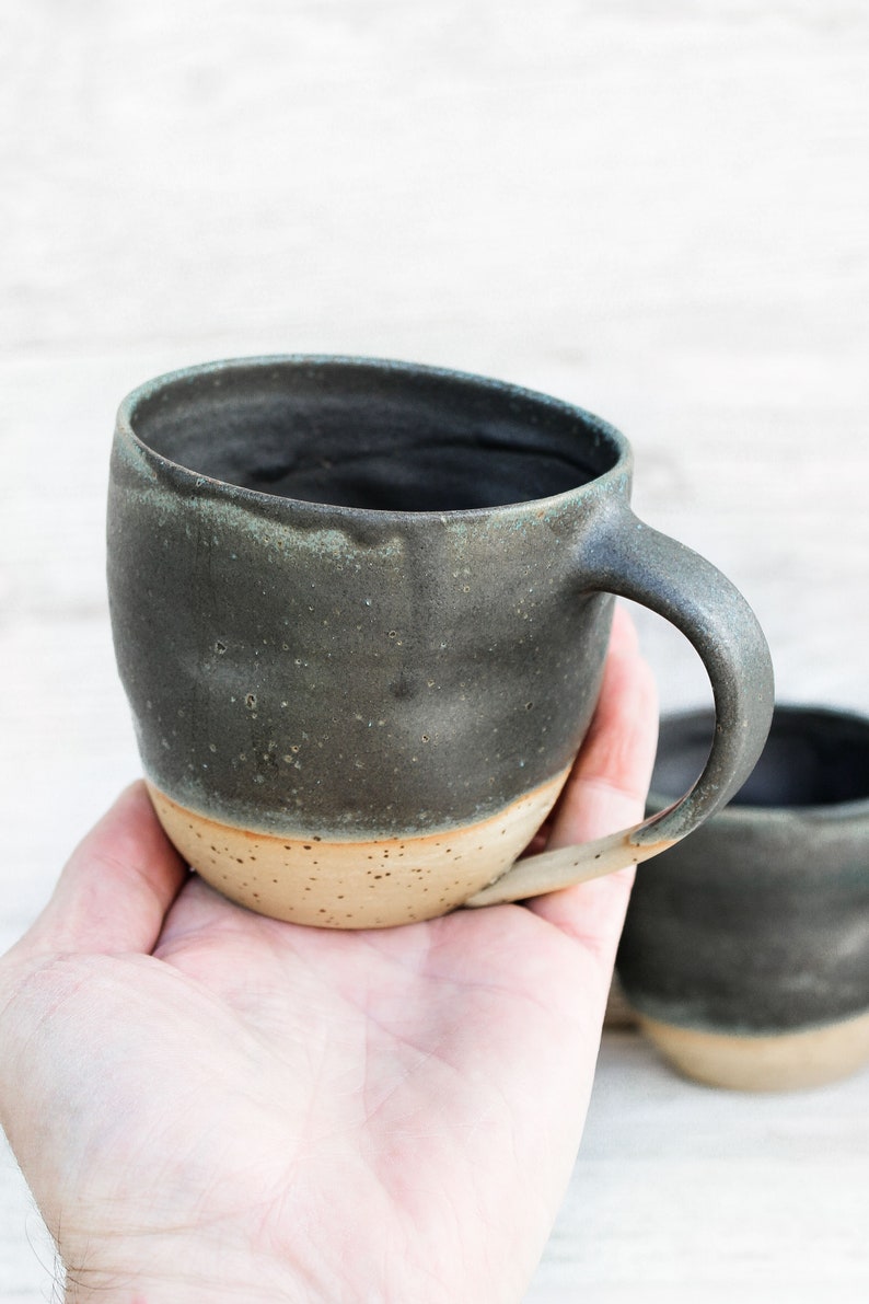 10oz/300ml handmade ceramic mug, big cup. Asymmetrical dark forest green artisan drinkware. Wheel thrown pottery. Unique handcrafted vessel 1