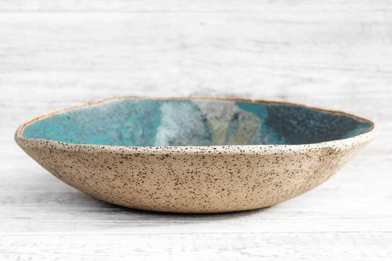 Handmade shallow stoneware bowl. Modern artisan functional pottery