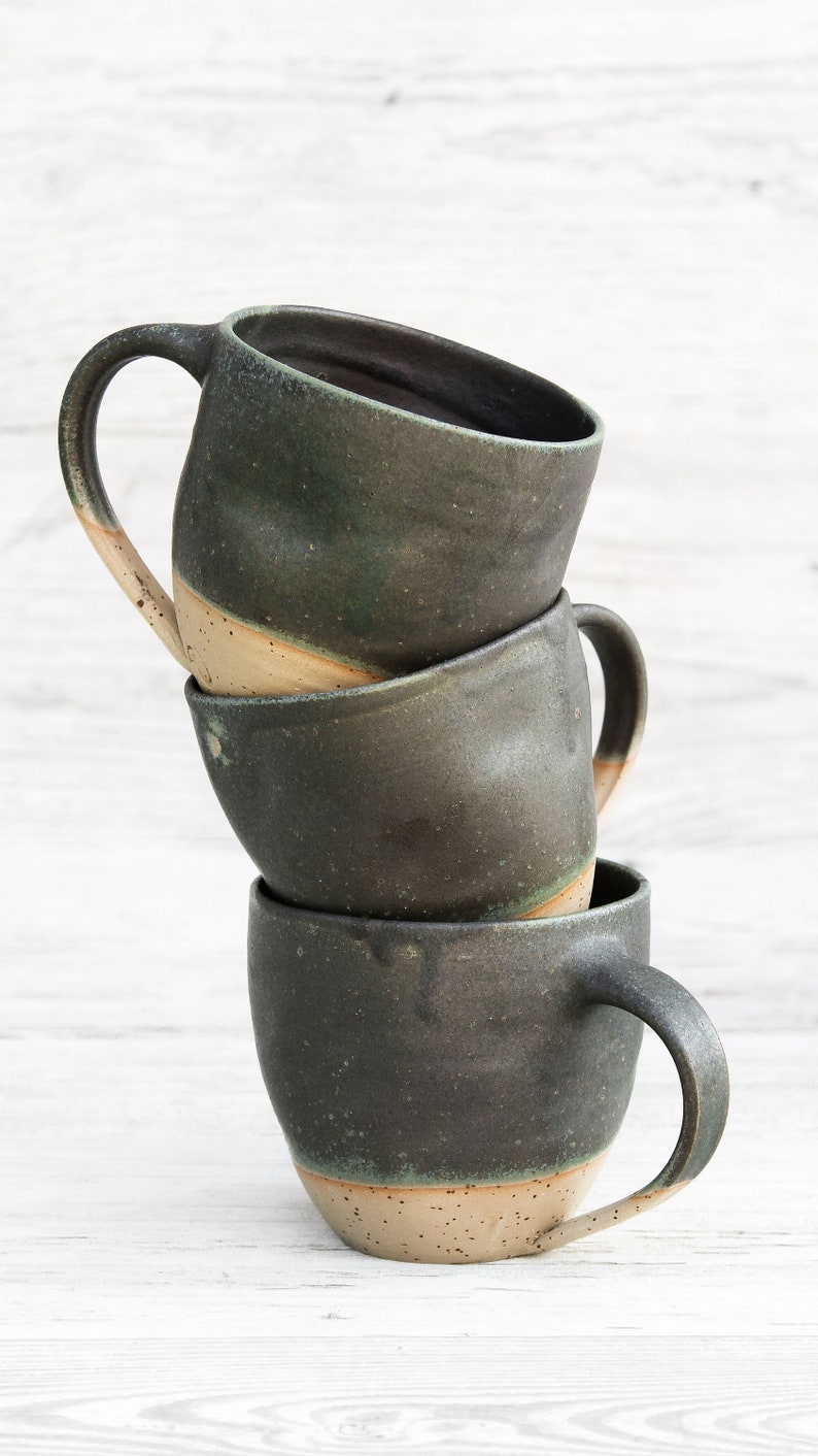 10oz/300ml handmade ceramic mug, big cup. Asymmetrical dark forest green artisan drinkware. Wheel thrown pottery. Unique handcrafted vessel image 8