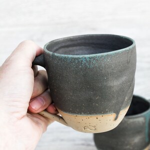 10oz/300ml handmade ceramic mug, big cup. Asymmetrical dark forest green artisan drinkware. Wheel thrown pottery. Unique handcrafted vessel 2