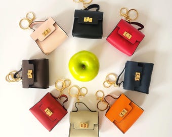 Mini Bag Charms for Purse Vegan Leather with Golden Keychain Earbud Airpods Storage Holder