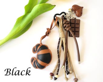 Bag Charms for Purse Combo - Leather Croissant / Heart / Knotted Ropes / Chocolate