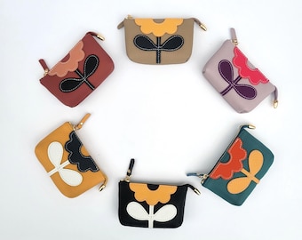 Leather Small Purse Pouch Wallet for Coins Cards with Key Chain and Clasp. Flower