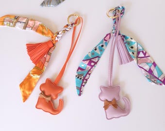 Bag Charm Combo for Purse Vegan Leather Cat with Bow, Braided Ribbons. Mother's Day Gift