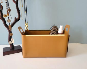 Storage Basket with Handle: PU Vegan Leather Catch-All Bin. Foldable. Water Resistant.
