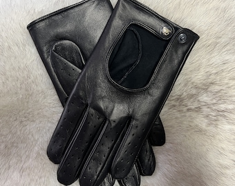 Men's Unlined Aniline Leather Driving Gloves | Handcrafted Portugal, Black/Camel Brown (HCO52018)