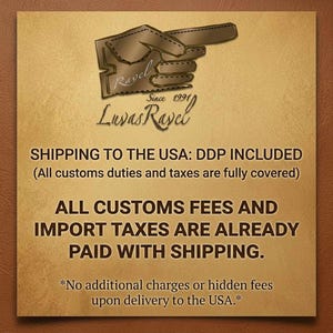 A graphic with a textured gold leather background. At the top is the "Luvas Ravel" logo, featuring an artistic brown leather hand silhouette pointing to the right. The text below reads: "SHIPPING TO THE USA: DDP INCLUDED (All customs duties and taxes are fully covered) ALL CUSTOMS FEES AND IMPORT TAXES ARE ALREADY PAID WITH SHIPPING. No additional charges or hidden fees upon delivery to the USA."