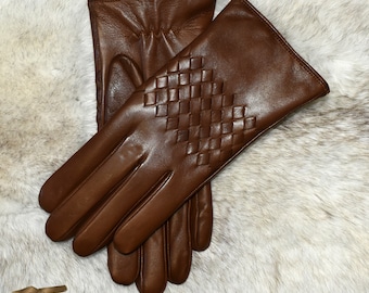 Women's Leather Gloves, Italian Lambskin, Hand-Woven Detail, Wool Lined, Black, Brown, Made Portugal (SENC2022)