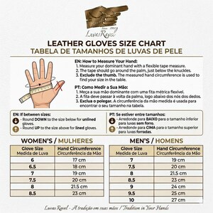 A guide to sizing gloves for men and woman, with illustrations of hands and measurements in inches and centimeters. The guide shows different hand sizes and corresponding glove sizes.