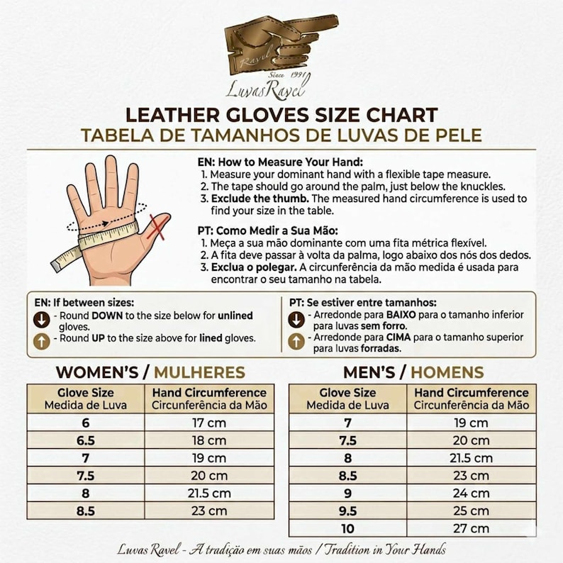 A guide to sizing gloves for men and woman, with illustrations of hands and measurements in inches and centimeters. The guide shows different hand sizes and corresponding glove sizes.