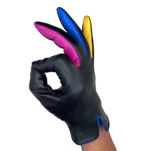 Women's Leather Gloves, Italian Lambskin, Black, Rainbow Fingers, Wool Lined/Unlined, Made Portugal (Beverly)