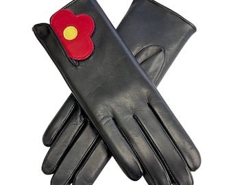 Schwarz Italienisches Leder Damen Handschuhe Rot Gelb Blume Klettverschluss Wolle Gefüttert Ungefüttert (Felicity)