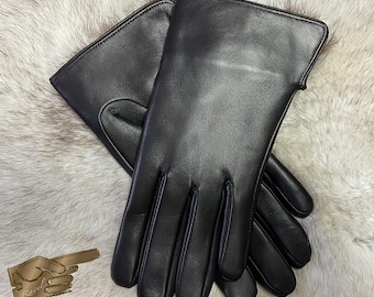Gants en cuir pour femme, agneau italien, doublure en laine, noirs, poignets en fausse fourrure, fabriqués au Portugal (SMC)