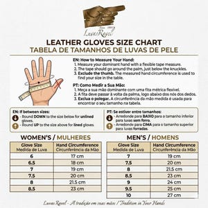 A guide to sizing gloves for men and woman, with illustrations of hands and measurements in inches and centimeters. The guide shows different hand sizes and corresponding glove sizes.