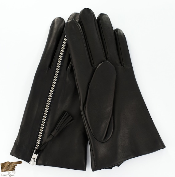 Women's Leather Gloves, Italian Lambskin, Wool Lined, YKK Zipper, Black, Made Portugal (Zoe_2021)