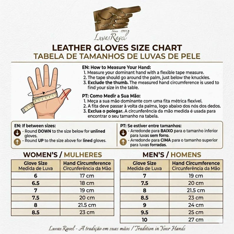 A guide to sizing gloves for men and woman, with illustrations of hands and measurements in inches and centimeters. The guide shows different hand sizes and corresponding glove sizes.