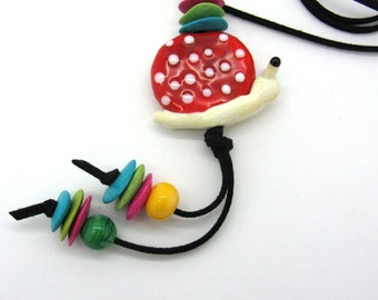 Long colorful lampwork snail chain, glass snail, polka dots snail, playful cheerful snail chain, glass snail