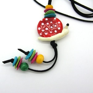 Long colorful lampwork snail necklace, glass snail, polka dots snail, playful cheerful snail necklace, glass snail