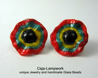 Große bunt geringelte Lampwork Ohrstecker, große gewellte Blüte, Glas Ohrstecker mit Chirurgenstahl, hypoallergen, Eyecatcher