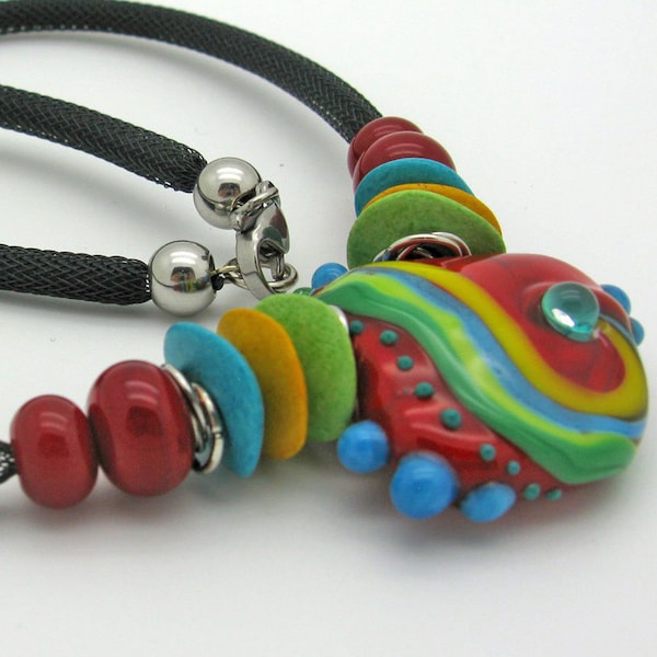 Bunte Lampwork-Kette, große Künstler Perle, rot-türkis, Statement Kette, Lampwork Collier, ca. 50 cm