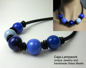 Blue short lampwork necklace made of handmade large glass beads, giant beads,  different blue tones, statement necklace