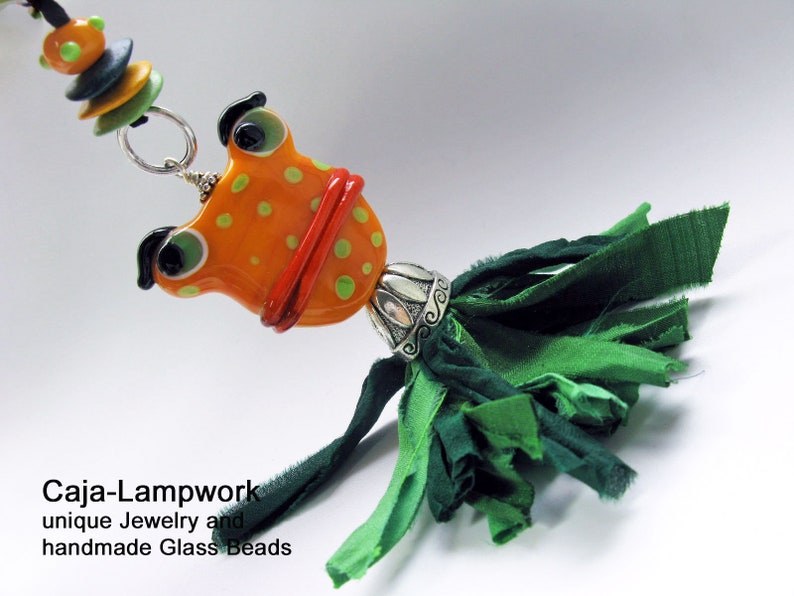 cheerful jewelry Long necklace with very large frog statement frog orange green handmade glass bead with silk tassel