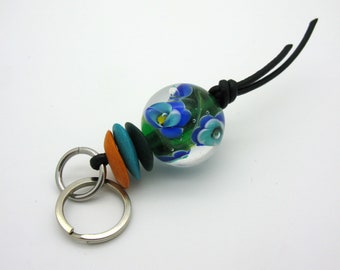 Keychain with a large lampwork flower pearl, pocket dangler, blue flowers