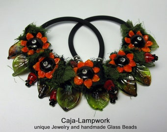 Sunflower necklace with red rosehips and leaves, handmade glass flowers and glass leaves