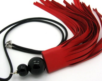 Long  red black lampwork necklace with handmade leather tassel, unique statement necklace