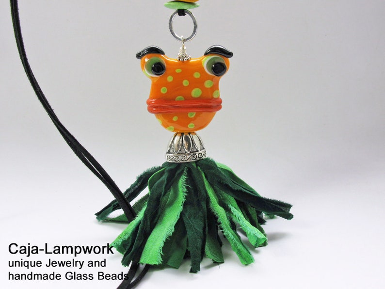 cheerful jewelry Long necklace with very large frog statement frog orange green handmade glass bead with silk tassel