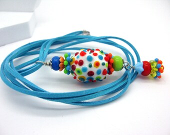 Long, colorful dot necklace, turquoise long necklace with colorful polka dots pendant, colorful, cheerful everyday necklace