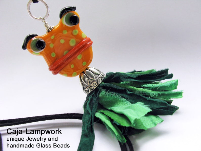 cheerful jewelry Long necklace with very large frog statement frog orange green handmade glass bead with silk tassel