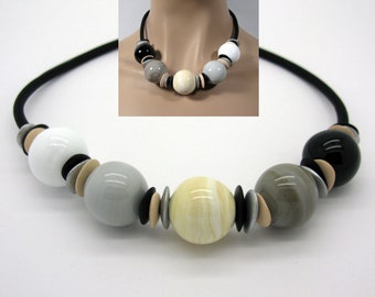 Gray beige black short lampwork necklace made of handmade large glass balls, giant beads, statement necklace