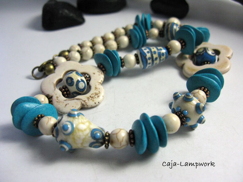 playful unique Turquoise necklace made of handmade glass beads turquoise lampwork necklace ceramic and howlite flower beads