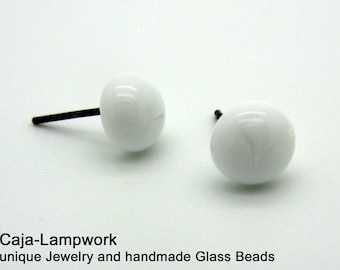 White lampwork stud earrings, glass ear studs