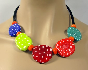 Colorful polka dots necklace made of very large handmade lampwork beads.